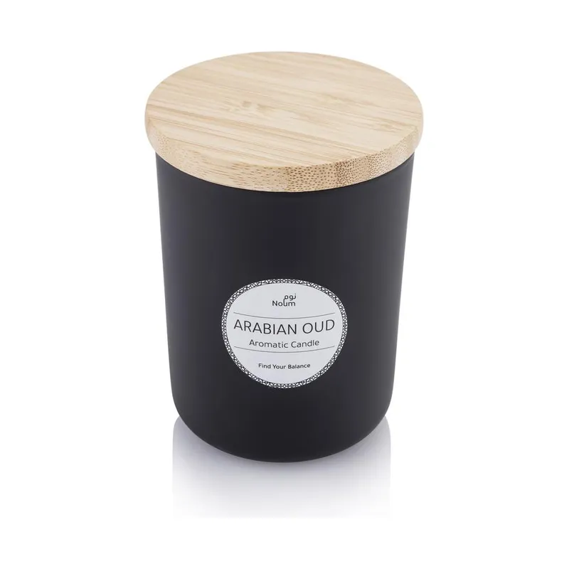 Oudh scented glass candle with a bamboo lid
