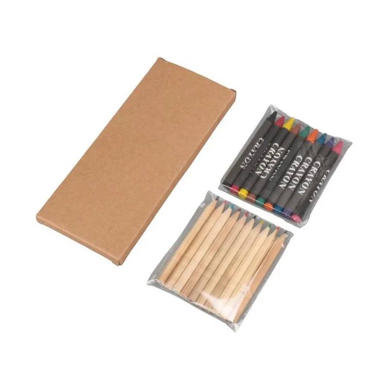 Colour pencils and crayons set in a flat case