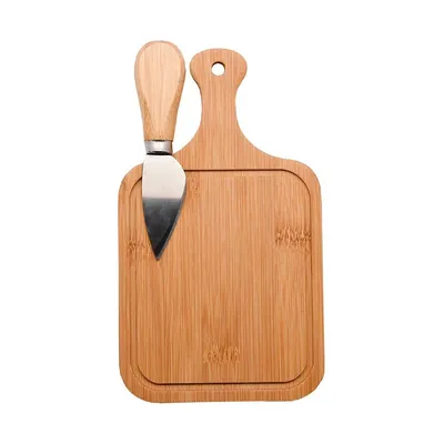 Bamboo cutting board with a knife