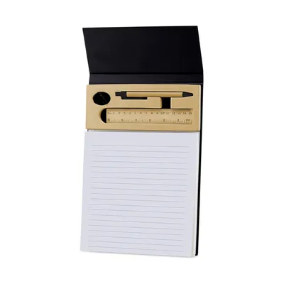 A4 ruled desk notepad with pen, ruler and clips