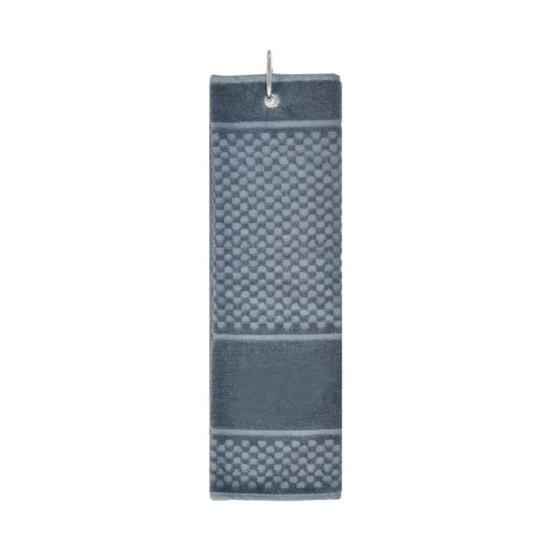 Grey golf towel that hides grass marks