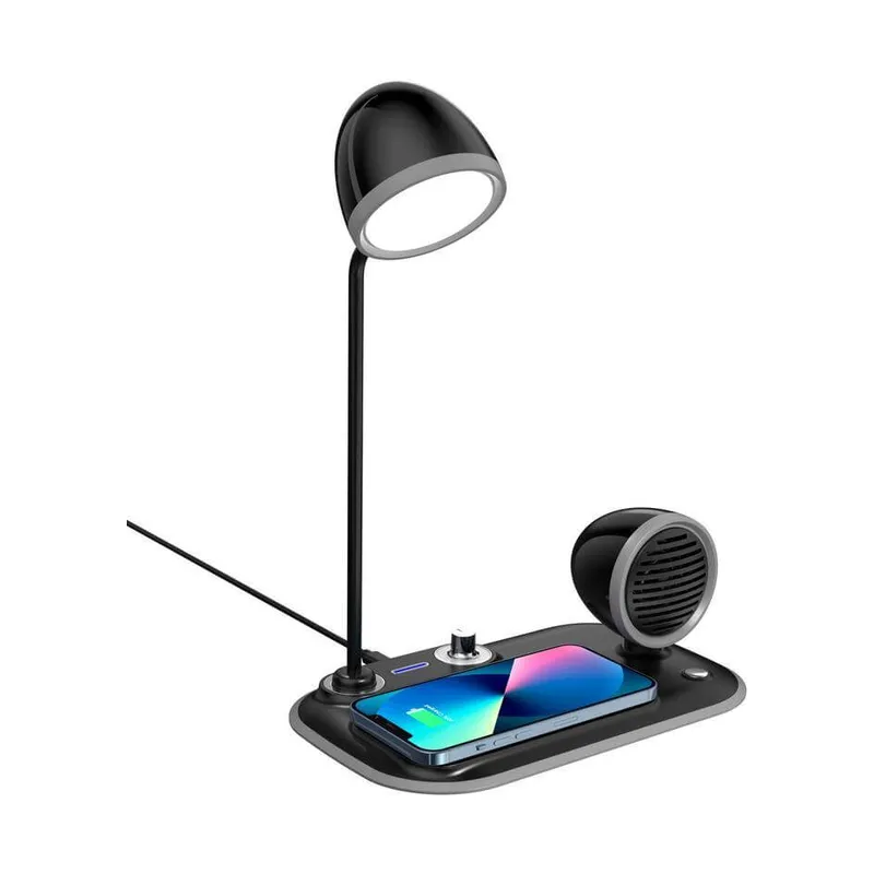 Desk lamp with wireless charging and a speaker