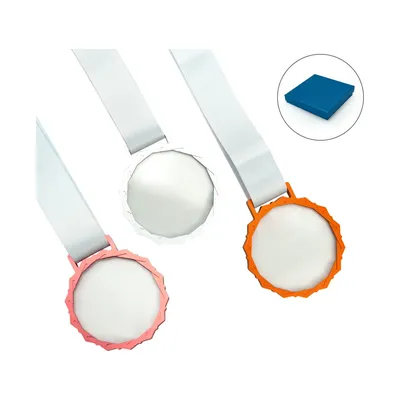 Glass Medals with Metal Frame, 3cm White Ribbon with Box