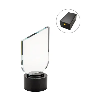 Crystal Trophy Round Black Base in Premium Fiber Box, Gold Lock Closure