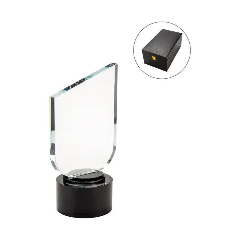Crystal Trophy Round Black Base in Premium Fiber Box, Gold Lock Closure