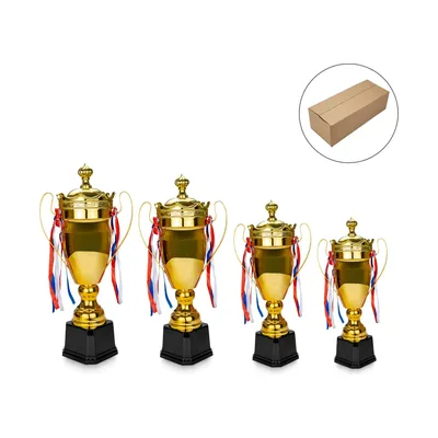 Metal Close Cup Trophies with Two-Sided Handle & Attached Ribbons