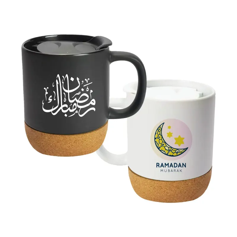 Ceramic Mugs with Lid and Cork Base 385 ml - Ramadan Gifts