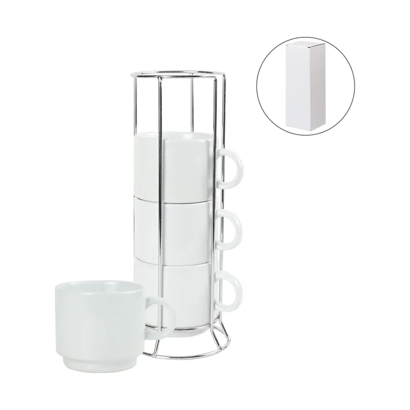 Ceramic Coffee Cups Set 4Pcs in Silver Metal Rack