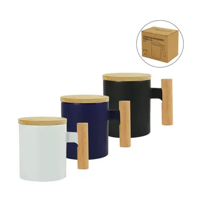 Ceramic Coffee Mugs with Bamboo Handle and Lid 380ml