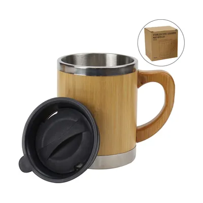 Bamboo & Stainless Steel Coffee Travel Mug with Handle and Lid