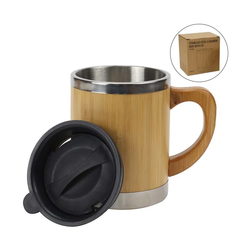 Bamboo & Stainless Steel Coffee Travel Mug with Handle and Lid