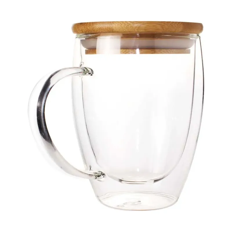Double Wall Clear Glass Mug with Bamboo Lid