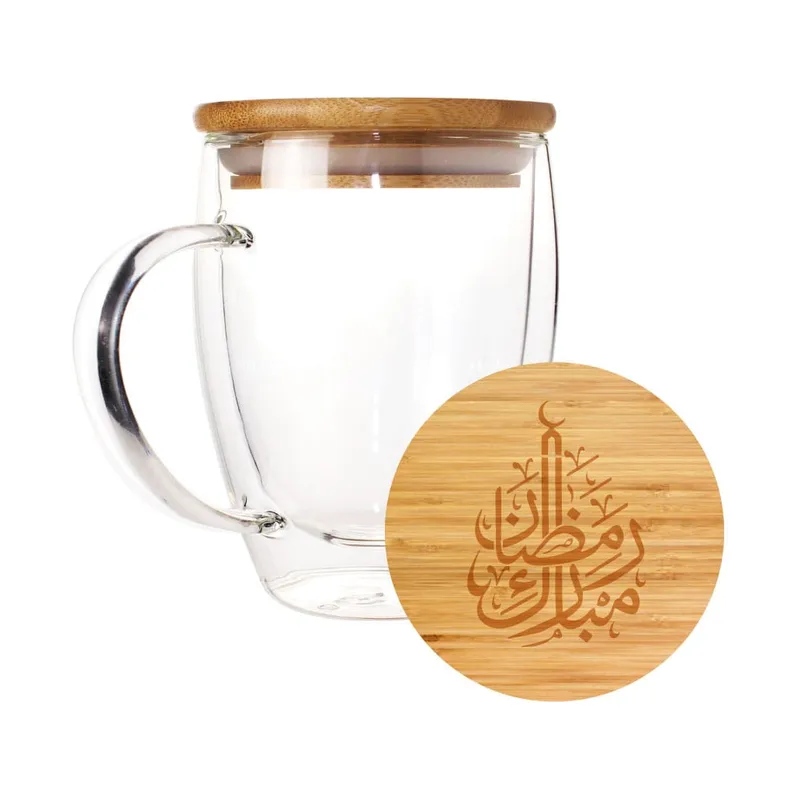Double Wall Clear Glass Mug with Bamboo Lid - Ramadan Gifts