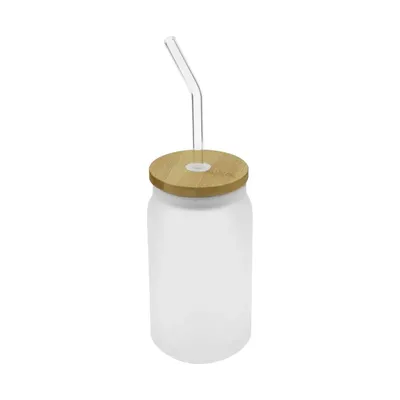Glass Bottle with Straw and Bamboo Lid 455 ml Capacity