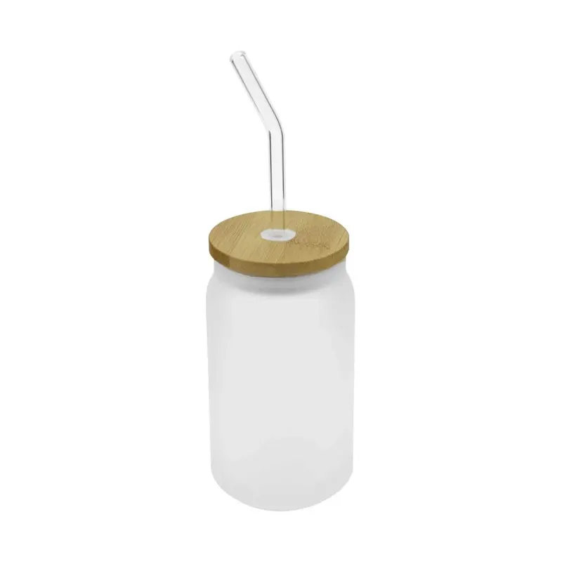 Glass Bottle with Straw and Bamboo Lid 455 ml Capacity