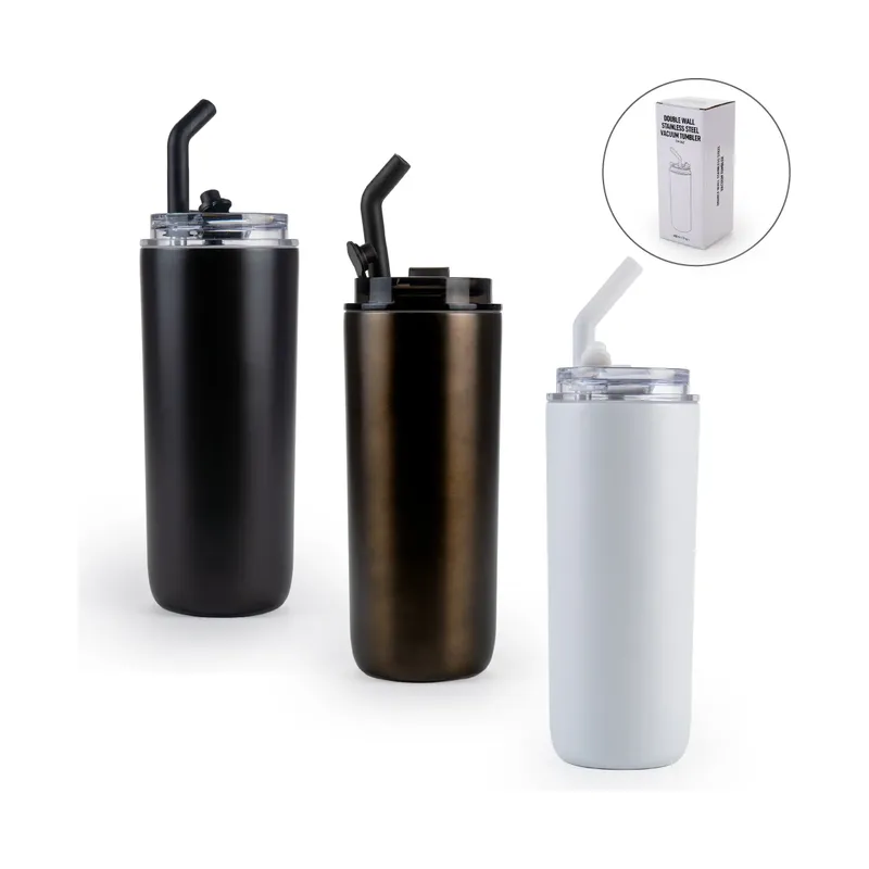 Double Wall SS Tumblers with Transparent Lid & Metal Straw - 500ml