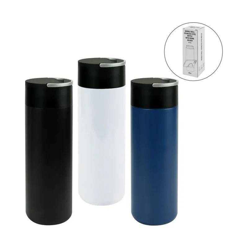Double Wall SS Bottles, Twist-off Lid with Phone Holder 600ml