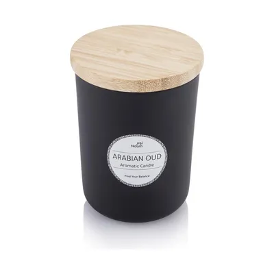 Oudh scented glass candle with a bamboo lid