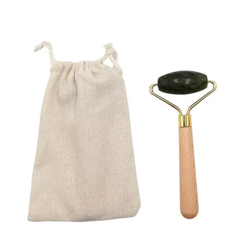 Jade face roller with a wooden handle