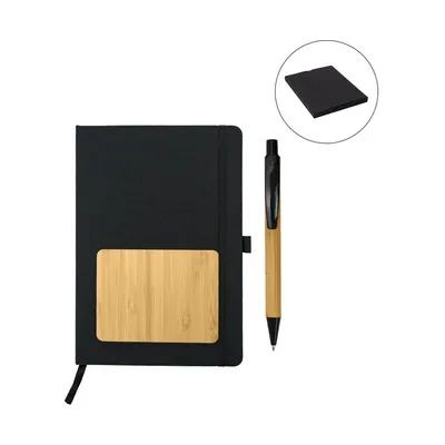 rPET and Bamboo Notebook with Pen Gift Sets in Black Cardboard Slide Box