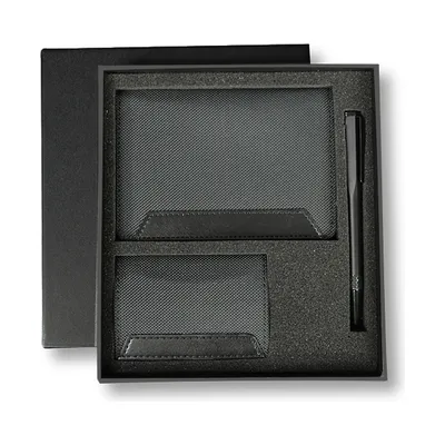 Passport cover, card holder and metal pen set