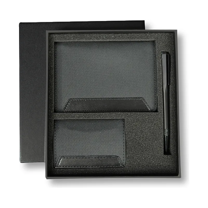 Passport cover, card holder and metal pen set