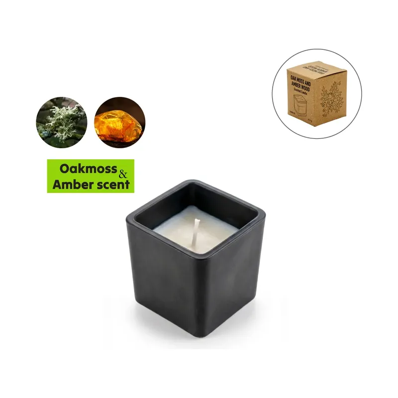 Scented Candle in Square Glass Bottle, Bamboo Lid, Oakmoss & Amber Scent