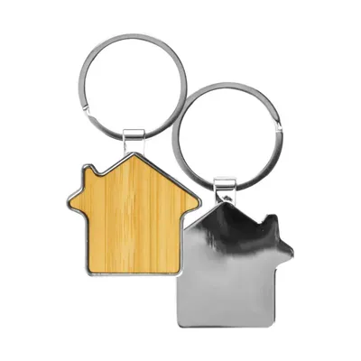 Bamboo and Metal Keychain House Shaped 32mm