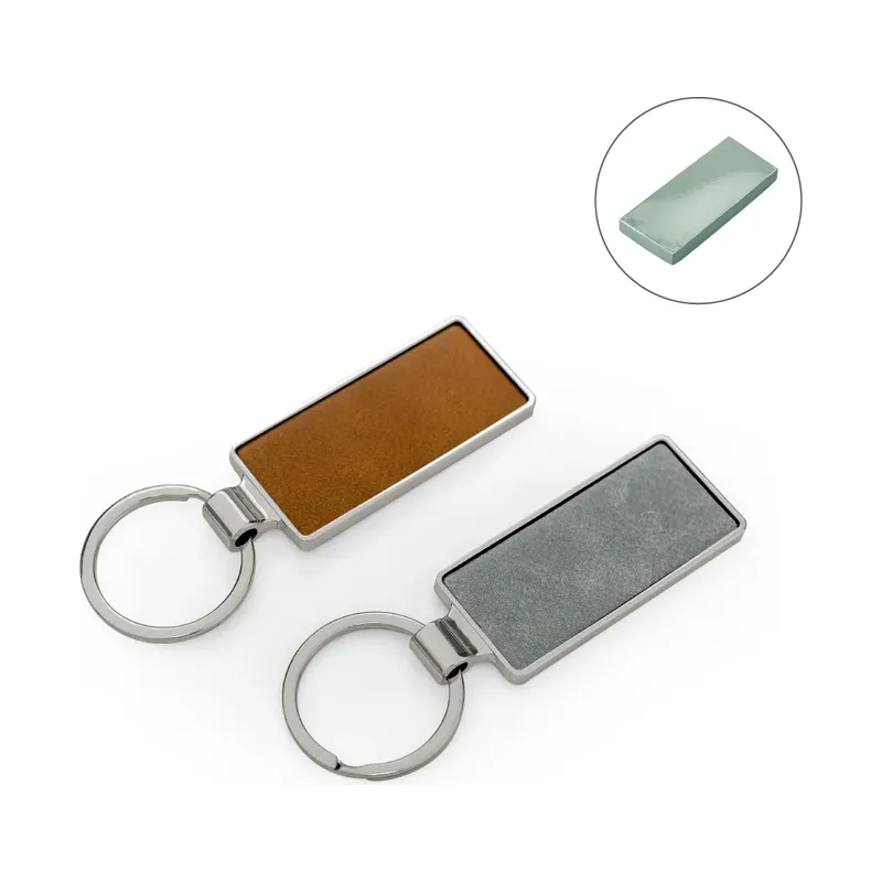 Silver Shiny Metal Keychains with Laserable PU Leather Plate