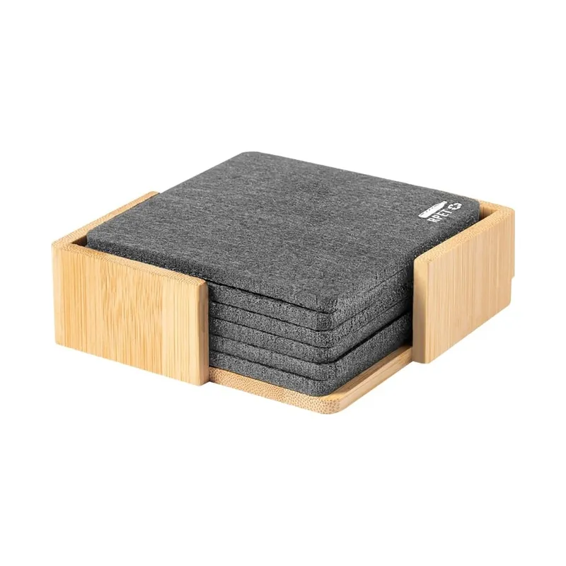 Six rPET felt coasters with a bamboo stand