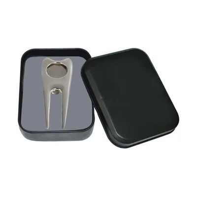 Divot tool and ball marker in a tin box