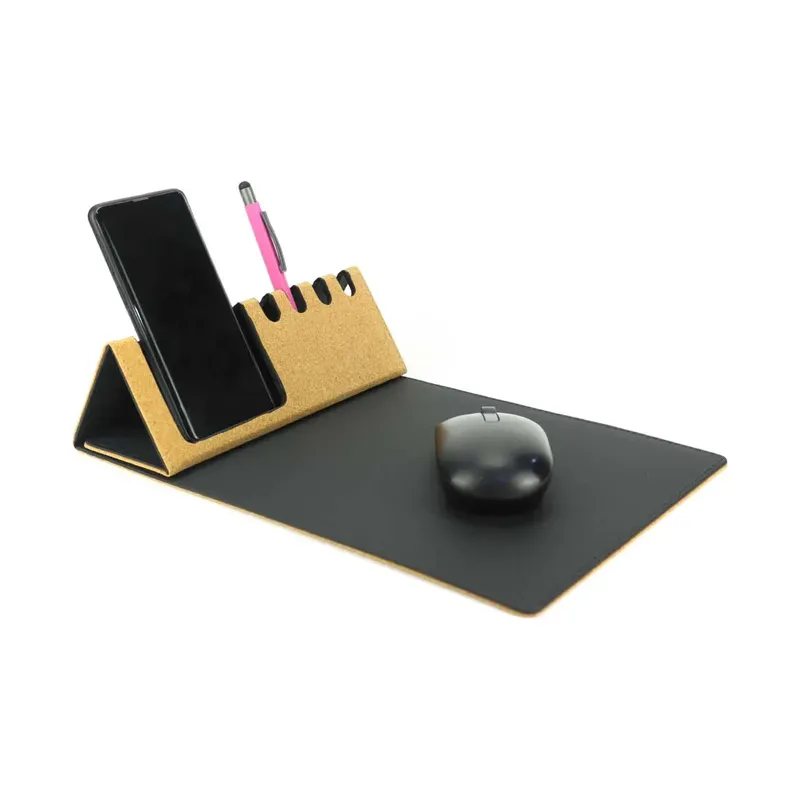 Foldable Cork+PU Mousepad with Mobile & Pen Holder