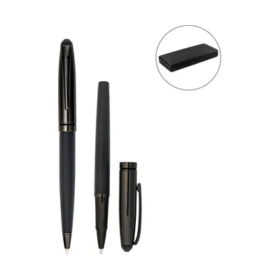 Black Metal Pen Set with Matte & Glossy Finish in PU Leather Box