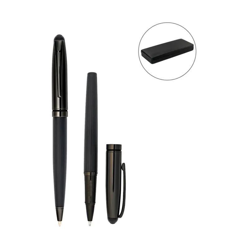 Black Metal Pen Set with Matte & Glossy Finish in PU Leather Box