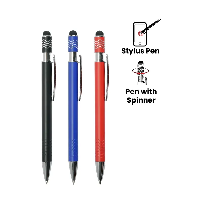 Stylus Metal Pens with Wave Design Top Spinner (Blue Ink)