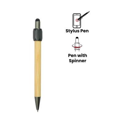 Bamboo and Metal Stylus Pens with Top Spinner (Blue Ink)