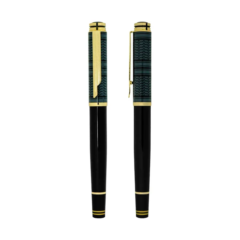 Arabic Traditional Bisht Design Metal Pens, Glossy Black with Gold Outline