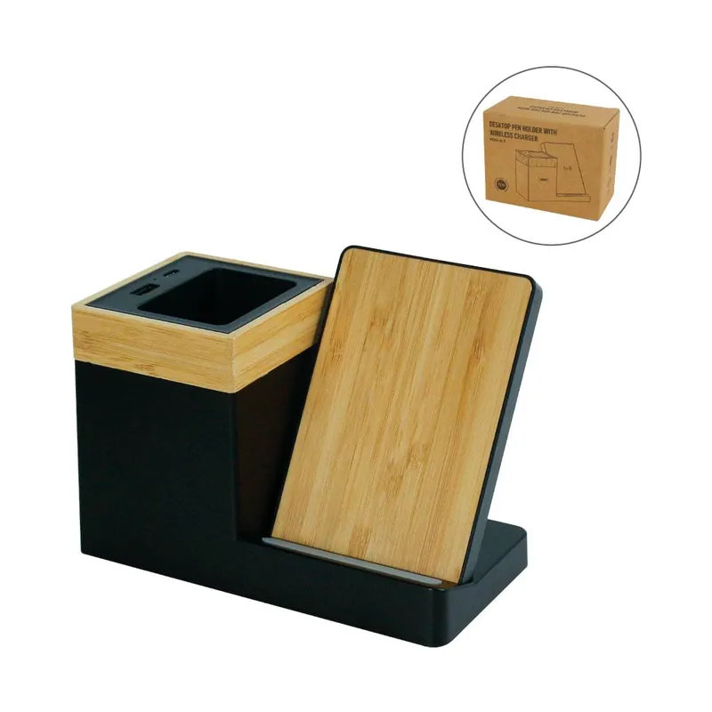 Bamboo Pen Holder with 15W Wireless Charger & LED Logo