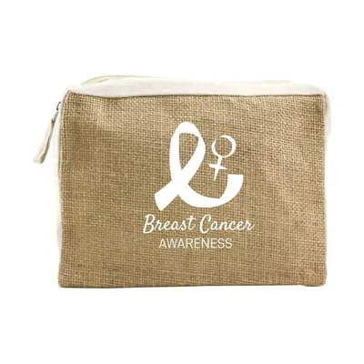 Jute & Cotton Zipper Pouch with Breast Cancer Awareness Logo