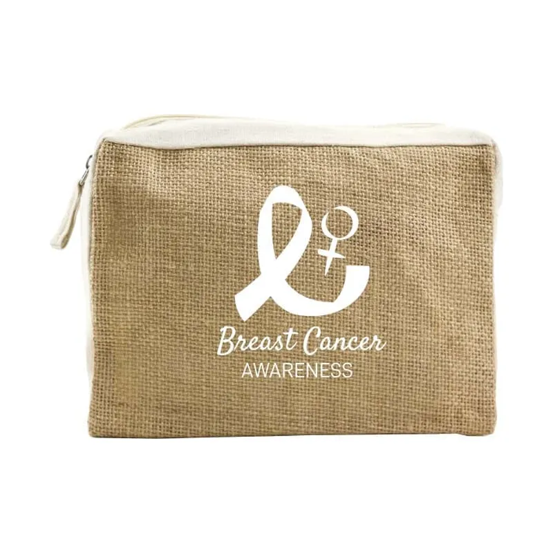 Jute & Cotton Zipper Pouch with Breast Cancer Awareness Logo