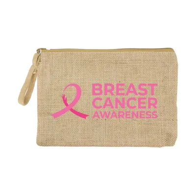 Jute Zipper Pouch with Breast Cancer Awareness Logo