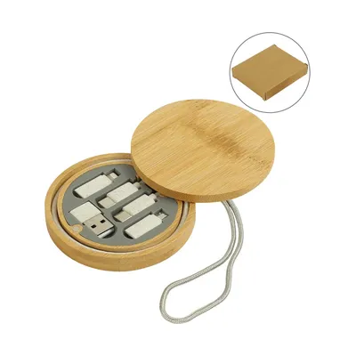 Multi-Charging Cable Set in Round Bamboo Case