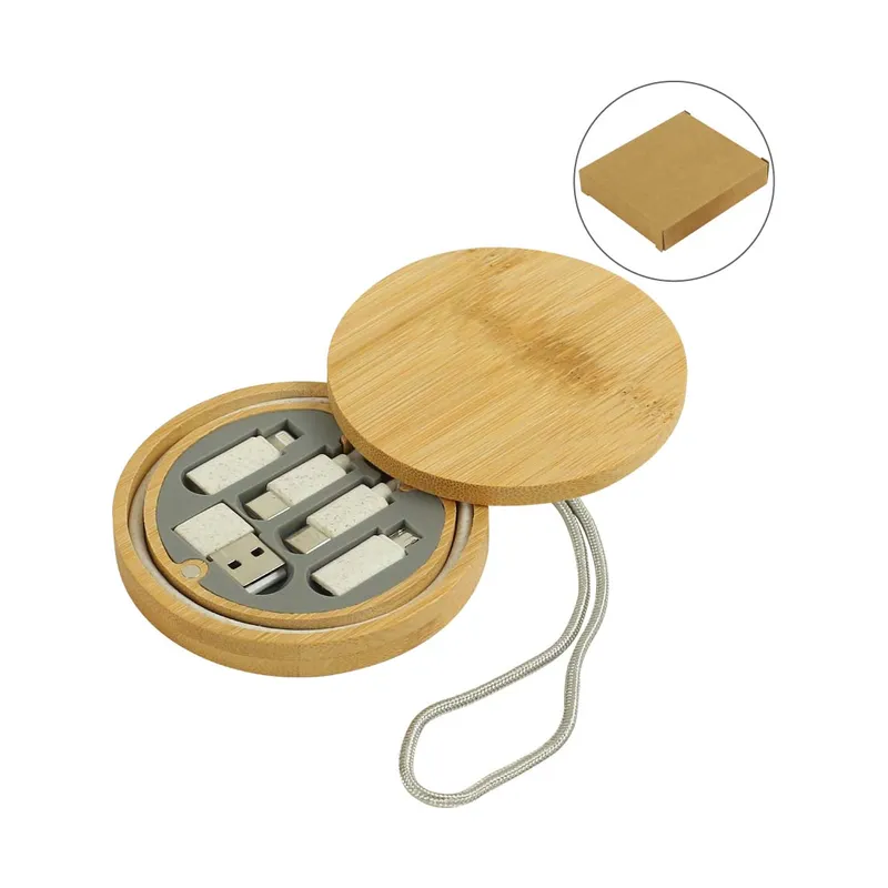Multi-Charging Cable Set in Round Bamboo Case