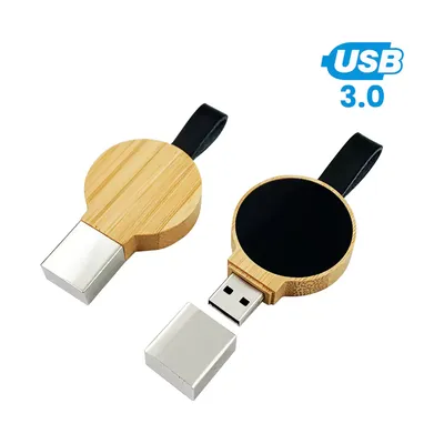 Bamboo Round LED Logo USB with Strap 64GB V. 3.0