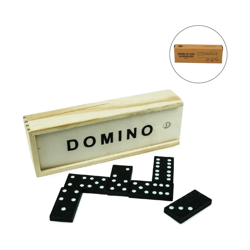 Domino Set Game in Wooden Slide Box & 28 Black Wooden Pieces