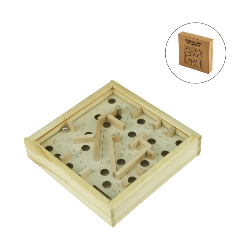 Wooden Maze Board Game with Silver Metal Ball – Labyrinth Balance Puzzle