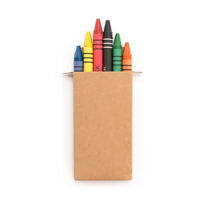 Six crayons in a natural cardboard box